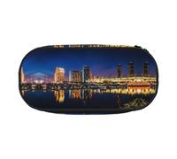 CHANGLEI Portland at Night Double-Zip Pencil Case with 4 Pen Slots Mesh Pocket,Print Lightweight Durable Polyester Pencil Pouch for School,Office,Or Makeup Organizer