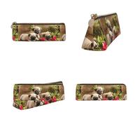 CHANGLEI Puppys Pug Printed Triangular Pencil Case,Cross Texture Pu Leather Cosmetic Pouch, Large Capacity Pen Bag with Zipper