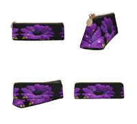 CHANGLEI Purple Flower Printed Triangular Pencil Case,Cross Texture Pu Leather Cosmetic Pouch, Large Capacity Pen Bag with Zipper
