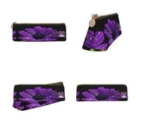 CHANGLEI Purple Flower Printed Triangular Pencil Case,Cross Texture Pu Leather Cosmetic Pouch, Large Capacity Pen Bag with Zipper
