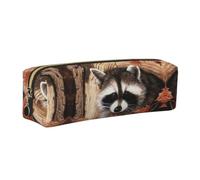 CHANGLEI Raccoon in The Fall Tree Hole Minimalist All-Over Print Cross-Grain PVC Leather Zipper Pencil Case, Soft Lined Portable Pen Pouch Stationery Bag