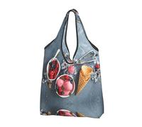 CHANGLEI Raspberry Ice Cream Reusable Foldable Shopping Bag With All-Over Print-Waterproof Grocery Tote,Compact Carry Pouch,Holds 50lbs,Eco-Friendly Machine Washable