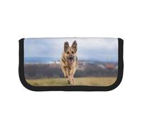 CHANGLEI Running German Shepherd Dog Sturdy Canvas Pencil Case with Full-Print Design,Double Zip Closure, Black Border Contrasting Design Multi-Use Organizer