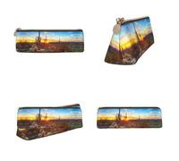 CHANGLEI Saguaros At Sunset Printed Triangular Pencil Case,Cross Texture Pu Leather Cosmetic Pouch, Large Capacity Pen Bag with Zipper