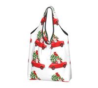 CHANGLEI Santa In A Car Reusable Foldable Shopping Bag With All-Over Print-Waterproof Grocery Tote,Compact Carry Pouch,Holds 50lbs,Eco-Friendly Machine Washable