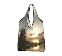 CHANGLEI Ship In The Lake Sunset Reusable Foldable Shopping Bag With All-Over Print-Waterproof Grocery Tote,Compact Carry Pouch,Holds 50lbs,Eco-Friendly Machine Washable