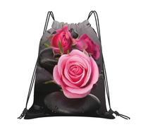 CHANGLEI Spa Stone And Rose Flowers Large Casual Drawstring Backpack With Print,Water-Resistant Polyester,Lightweight Durable,Black Contrast Back For Gym,Yoga,Travel