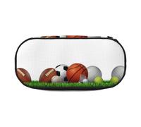 CHANGLEI Sports Balls On The Grass Double-Zip Pencil Case with 4 Pen Slots Mesh Pocket,Print Lightweight Durable Polyester Pencil Pouch for School,Office,Or Makeup Organizer