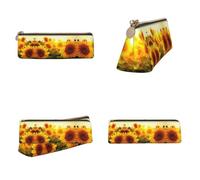 CHANGLEI Sunflower Field On Bright Sunshine Printed Triangular Pencil Case,Cross Texture Pu Leather Cosmetic Pouch, Large Capacity Pen Bag with Zipper