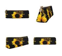 CHANGLEI Sunflower Floral Butterflies Art Printed Triangular Pencil Case,Cross Texture Pu Leather Cosmetic Pouch, Large Capacity Pen Bag with Zipper