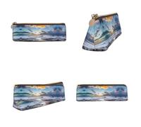 CHANGLEI Sunset Clouds Coast Hawaii Printed Triangular Pencil Case,Cross Texture Pu Leather Cosmetic Pouch, Large Capacity Pen Bag with Zipper