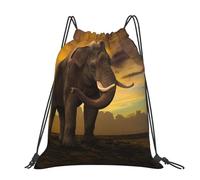 CHANGLEI Sunset Elephant Large Casual Drawstring Backpack With Print,Water-Resistant Polyester,Lightweight Durable,Black Contrast Back For Gym,Yoga,Travel