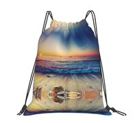 CHANGLEI Sunset View On The Beach Shore Large Casual Drawstring Backpack With Print,Water-Resistant Polyester,Lightweight Durable,Black Contrast Back For Gym,Yoga,Travel