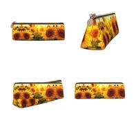 CHANGLEI Sunshine Sunflower Field Printed Triangular Pencil Case,Cross Texture Pu Leather Cosmetic Pouch, Large Capacity Pen Bag with Zipper