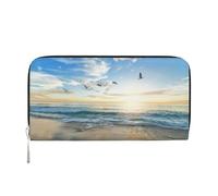 CHANGLEI The Beach with Sea Birds Long Zip Around Pu Leather Clutch Wallet for Women,Multi-Functional Purse with Coin Pocket, Multiple Card Slots and Organizer Compartments