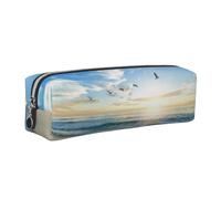 CHANGLEI The Beach with Sea Birds Minimalist All-Over Print Cross-Grain PVC Leather Zipper Pencil Case, Soft Lined Portable Pen Pouch Stationery Bag
