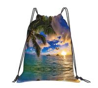 CHANGLEI Tropical Hawaii Palm Tree Large Casual Drawstring Backpack With Print,Water-Resistant Polyester,Lightweight Durable,Black Contrast Back For Gym,Yoga,Travel