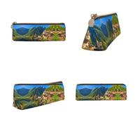 CHANGLEI Village Scenic Printed Triangular Pencil Case,Cross Texture Pu Leather Cosmetic Pouch, Large Capacity Pen Bag with Zipper