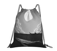 CHANGLEI Whale Full Moon Large Casual Drawstring Backpack With Print,Water-Resistant Polyester,Lightweight Durable,Black Contrast Back For Gym,Yoga,Travel