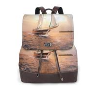CHANGLEI White Sailing Ship At Sunset Women'S Genuine Leather Backpack,Full-Pattern Print,Fashion Casual Daypack For School Travel Work