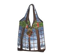 CHANGLEI Winter Window Reusable Foldable Shopping Bag With All-Over Print-Waterproof Grocery Tote,Compact Carry Pouch,Holds 50lbs,Eco-Friendly Machine Washable