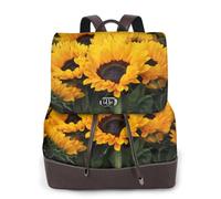 CHANGLEI Yellow Sunflower Field Women'S Genuine Leather Backpack,Full-Pattern Print,Fashion Casual Daypack For School Travel Work