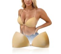 changlizi Stick on Bras for Women Push Up Invisible Halter Bra Reusable Adhesive Backless Bra with Clear Straps for Dress, Party, Daily Wear, Gold-A