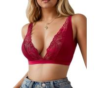 changlizi Women's Floral Lace Sexy Bra - Non-Padded Soft Cup Bras Bralettes Triangle Wireless Bras Deep V Neck for Ladies Daily Wear, Wine Red-5XL