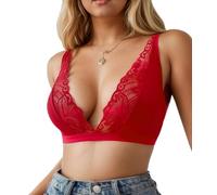 changlizi Women's Floral Lace Sexy Bra - Non-Padded Soft Cup Bras Bralettes Triangle Wireless Bras Deep V Neck for Ladies Daily Wear, red-S