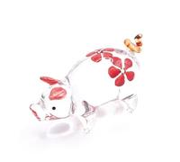 ChangThai Design Tiny 2" Long Clear Pig Figurine Red Flower Painted - Miniature Hand Blown Glass Pigs Piglet Swine Hog Farm Animals Small Crystal Decorative Collectible Figurines Home Décor Gifts
