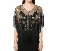 changyexi 1920s Vintage Lace Sequined Shawl, Women Wraps and Shawls Formal,Black Fringe Trim, Gold Floral Evening Wrap, Black, One Size