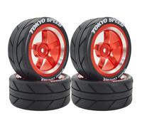 Chanjorlin 1/10 On Road Racing Tires and 5-Spoke Aluminum Wheels 12mm Hex OD 2.56" RC Touring Tyres for 1:10 Rally Street Drift Car Tamiya TT01 TT02 XV01 A959 PTG2 KYOSHO HSP Traxxas 4PCS (Red)