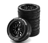 Chanmoo 1/10 RC On Road Tires And Plastic Rally Wheels 12mm Hex Drift Tyres For 1:10 Scale Racing Touring Street Car Tamiya TT01 TT02 XV01 TA06 A959 144001 HPI KYOSHO HSP PTG2 Traxxas 4PCS (Black)