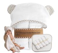 Channing & Yates Hooded Baby Towel + (6 Piece) Washcloth Gift Bundle - Baby Towel and 6 Washcloth Set - (Unisex Beige Gingham Bundle)