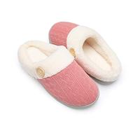 Chantomoo Womens Slipper Warm Comfy Memory Foam House Slippers Knitted Shoes Faux Fur Lined Anti-Skid Rubber Sole Bedroom Cozy Indoor Outdoor Slippers Red Dark Pink UK Size 4.5 5 6