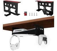 Chanvoo Aluminum Under Desk Mount for PS5/PS5 Slim Digital & Disc, Securing Under Desk Bracket with Detachable Controller & Headphone Holder Kit No Drill (Black)