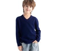 Chanyarn Boys Girls 100% Merino Wool Jumper 2025 Fall Winter First-Line Ready to Wear V Neck Long Sleeve Seamless Knit Jumper (Navy Blue,130cm)