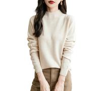 Chanyarn Women's 100% Merino Wool Seamless Jumper Mock Neck First-Line Ready to Wear Long Sleeve Knitted Pullover Tops (Beige,M)
