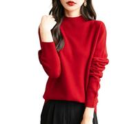 Chanyarn Women's 100% Merino Wool Seamless Jumper Mock Neck First-Line Ready to Wear Long Sleeve Knitted Pullover Tops (Red,L)