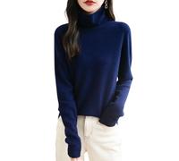 Chanyarn Women's 100% Merino Wool Seamless Jumper Turtleneck First-Line Ready to Wear Long Sleeve Knitted Pullover Tops (Navy Blue,L)