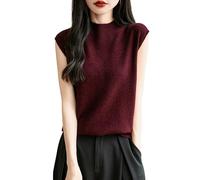 Chanyarn Women's 100% Merino Wool Spring Fall Winter First-Line Ready to Wear Mock Neck Seamless Knit Sleeveless Jumper Vest (Dark Red,L)