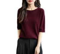 Chanyarn Women's 100% Merino Wool Spring Fall Winter First-Line Ready to Wear Seamless Soft Warm Knit Crewneck Short Sleeve Shirt Pullover Jumper (Dark Red,L)