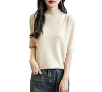 Chanyarn Women's 100% Merino Wool Spring Fall Winter First-Line Ready to Wear Seamless Soft Warm Knit Pullover Short Sleeve Shirt Mock Neck Jumper (Beige,L)