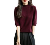 Chanyarn Women's 100% Merino Wool Spring Fall Winter First-Line Ready to Wear Seamless Soft Warm Knit Pullover Short Sleeve Shirt Mock Neck Jumper (Dark Red,XL)