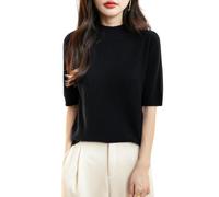 Chanyarn Women's 100% Merino Wool Spring Fall Winter First-Line Ready to Wear Seamless Soft Warm Knit Pullover Short Sleeve Shirt Mock Neck Jumper (Black,L)