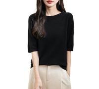 Chanyarn Women's 100% Merino Wool Spring Fall Winter First-Line Ready to Wear Seamless Soft Warm Knit Crewneck Short Sleeve Shirt Pullover Jumper (Black,L)