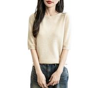 Chanyarn Women's 100% Merino Wool Spring Fall Winter First-Line Ready to Wear Seamless Soft Warm Knit Crewneck Short Sleeve Shirt Pullover Jumper (Beige,S)