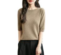 Chanyarn Women's 100% Merino Wool Spring Fall Winter First-Line Ready to Wear Seamless Soft Warm Knit Crewneck Short Sleeve Shirt Pullover Jumper (Tan,L)