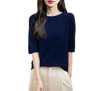 Chanyarn Women's 100% Merino Wool Spring Fall Winter First-Line Ready to Wear Seamless Soft Warm Knit Crewneck Short Sleeve Shirt Pullover Jumper (Navy Blue,M)
