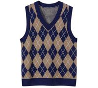 Chanyarn Women's 100% Merino Wool Sweater Vest 2024 Fall Winter Diamond Lattice V Neck Sleeveless Knit Sweater Vest, Navy Blue, Large